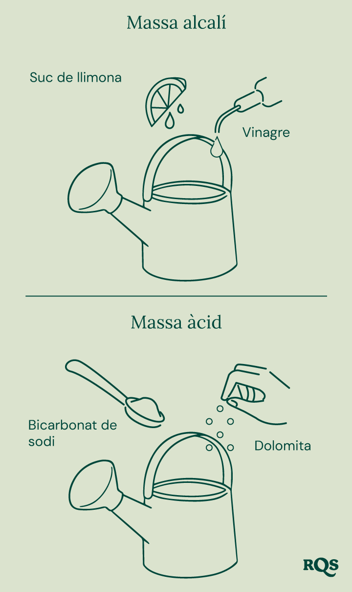 Guia per ajustar el pH del sòl: llimona i vinagre per augmentar el pH ('Molt alcalí'), bicarbonat de sodi i dolomita per reduir el pH ('Molt àcid'). 