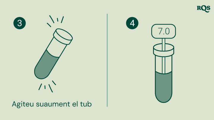  Instruccions per provar el pH del sòl: sacseja suaument el tub d'assaig i compara el color del líquid amb una taula per determinar el pH del sòl. La imatge mostra un tub d'assaig amb un pH de 7,0, que indica un sòl neutre.