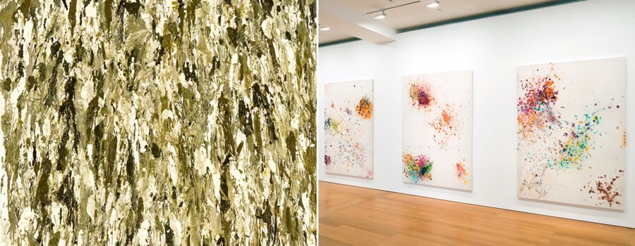 Abstract painting close-up with textured green and brown brushstrokes on the left, and a modern art gallery featuring three colorful abstract paintings on white walls on the right.