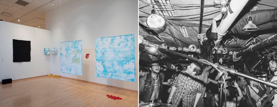 Split image: left shows an art gallery with white walls, wooden floor, paintings, and red balls. Right features a black and white photo of a live band performing in a crowded, dimly lit venue.